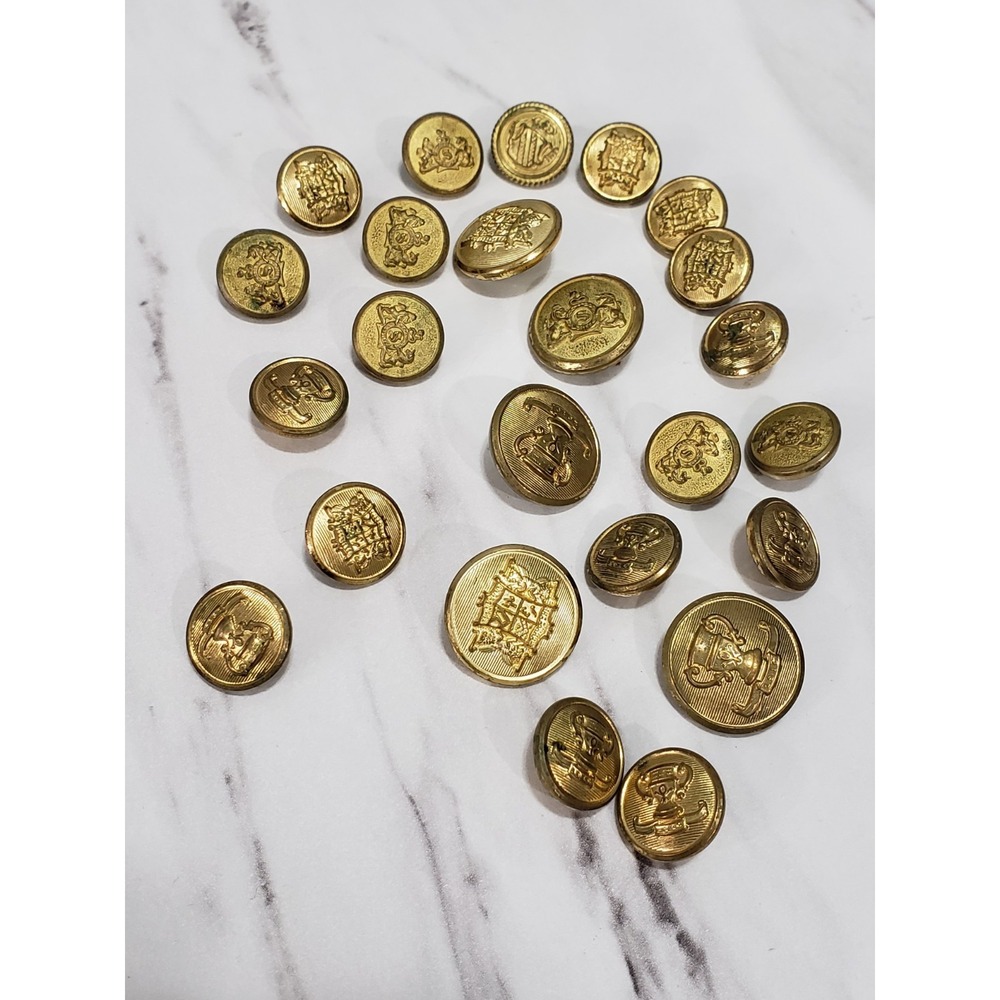 LOT Vintage Waterbury Brass Blazer Buttons Gold Tone Heraldic Crest Sport Coat